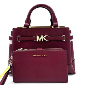 Michael Kors Reed Small Satchel Crossbody Bag & LG Double Zip Wallet Dark Cherry